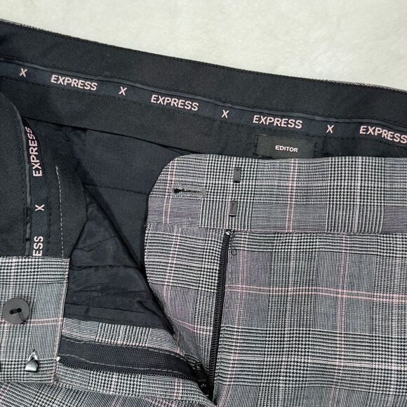 Express Editor Glen Check Plaid Straight Leg Cuffed Crop Dress Pants Grey Pink 8 - Picture 7 of 13